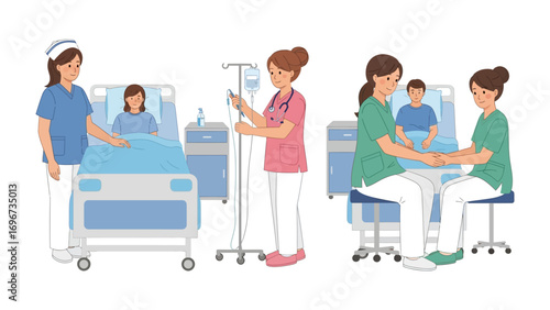 Caring Touch: A compassionate nurse providing support to patients with gentle care in a clinical setting. Focuses on health care, empathy, and medical assistance.