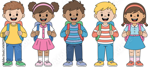 Cute cartoon school children with backpacks, standing in a row, smiling, ready for class, isolated illustration for educational content