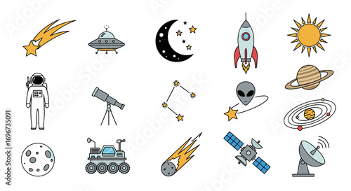 Cosmic adventures exploring the vast universe with celestial bodies planets and spacecraft illustrations
