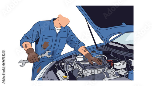Mechanic working on a car engine: A skilled mechanic, clad in work overalls and protective gloves, meticulously inspects a car engine, his focused gaze reflecting dedication to his craft.