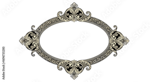 An ornate oval decorative frame with intricate scrolling patterns and corner embellishments offering an elegant antique aesthetic suitable for formal presentations