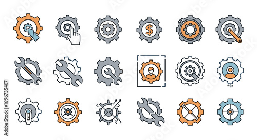 Collection of gear icons representing settings tools and user configuration options