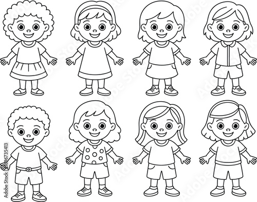 Cute happy kids cartoon characters, smiling children illustration, diverse boys and girls, adorable kids outline, happy childhood drawing