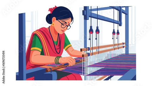 Artisan at Work: A focused artisan, clad in traditional attire, meticulously weaves threads on a loom. The scene encapsulates the rich heritage of craftmanship and traditional skills.