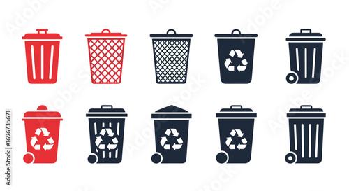 Collection of various trash cans and recycling bins symbolizing waste management and environmental responsibility