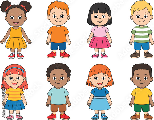 Diverse cartoon children standing in cute outfits, perfect for educational materials, classroom posters, animations, multicultural designs, and school projects