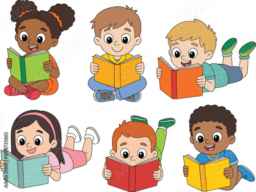 Diverse cartoon children reading books, educational illustration, school kids learning together, study time, flat design, isolated white background.eps