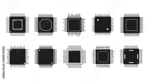 Collection of square shaped microchip and processor silhouettes with extending pins against white background vector illustration