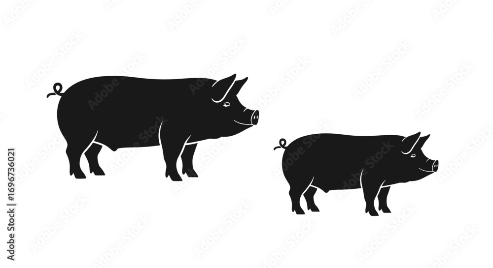 Fototapeta premium Two black pig silhouettes facing left against a white background showing a large pig and a small pig
