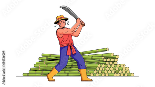 Sugarcane Harvest: A dedicated worker, clad in workwear, passionately swings a machete, meticulously preparing to harvest the abundant sugarcane, a testament to nature's bounty and human endeavor.