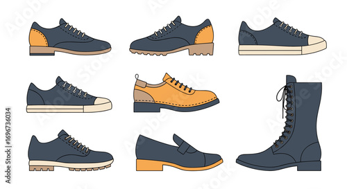 Diverse collection of footwear featuring sneakers dress shoes boots and loafers