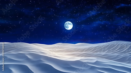 Bright full moon illuminates soft sand dunes while stars twinkle in the vast night sky