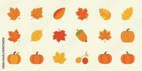 12 September 2025 - Autumn themed flat design vector icons with smooth rounded edges and vibrant bold colors including shades of orange, red, and yellow, for a clean and stylish seasonal template 