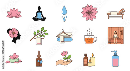 Holistic wellness and self care icons representing spa treatments yoga meditation and relaxation