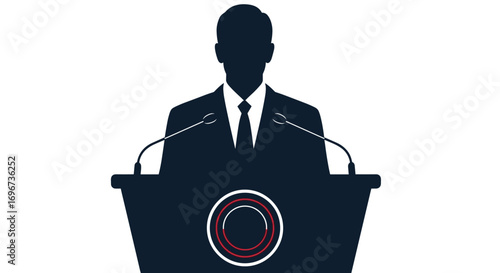 Silhouette of a confident businessman giving a powerful speech from behind a podium with microphones