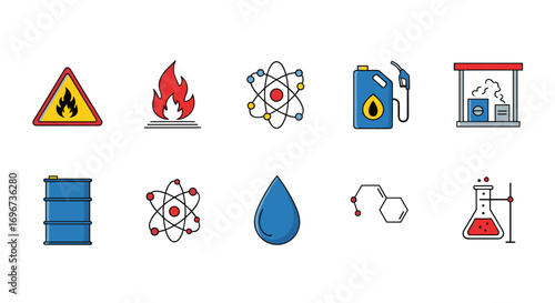 Collection of icons representing energy sources chemical structures and potential hazards in fuel production and usage