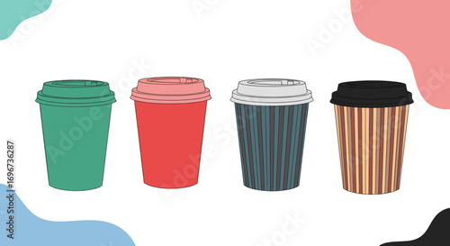 Four different colored and textured disposable coffee cups with lids sit side by side