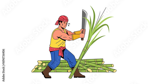 Labor of the Farm: A dedicated farmer, wielding a machete with skilled precision, expertly cuts sugarcane stalks, embodying the essence of agricultural labor.