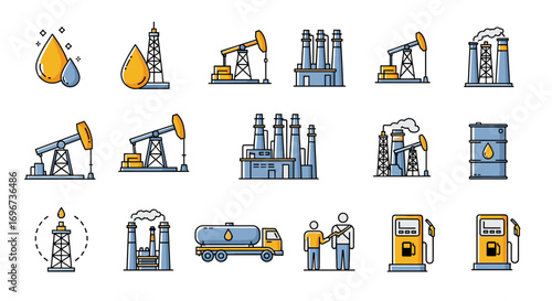 Collection of industrial oil and gas energy production and distribution icons representing exploration drilling refining and transportation