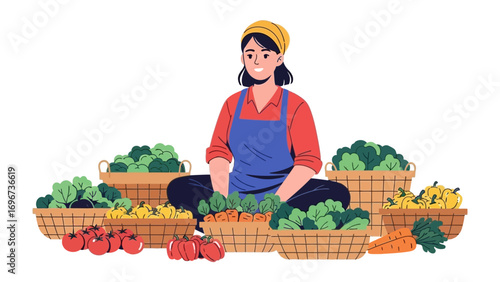 Fresh Produce Market: A woman sits surrounded by baskets brimming with colorful and vibrant fresh vegetables, fruits, and produce, embodying the bounty of nature and the joy of healthy eating. 