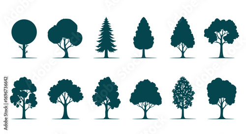 Collection of various tree silhouettes representing different species and growth habits for diverse natural scenery applications