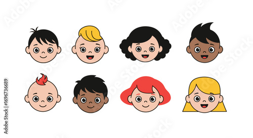 Diverse collection of cartoon children faces representing different ethnicities and hair styles