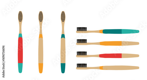 Collection of wooden toothbrushes with colorful handles displayed against a white background