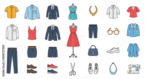 A comprehensive collection of apparel accessories footwear and sewing machine icons representing fashion styles