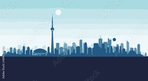 Modern city skyline silhouette under a pale blue sky with sun and moon visible