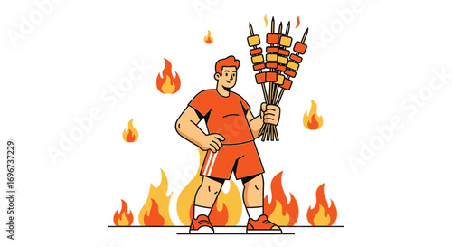 A Charismatic Figure Displays Culinary Delights Above A Raging Fire