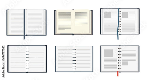 Collection of open notebooks demonstrating different page layouts and binding styles for journaling and note-taking
