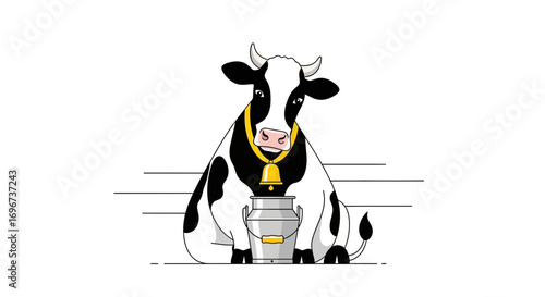 A Charming Cartoon Dairy Cow with a Necklace and a Milk Can on White Background