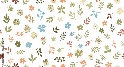 A whimsical arrangement of tiny delicate floral and leaf motifs scattered across a clean white background
