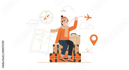A Cheerful Traveler Ready For The Journey With Suitcases Map And Airplane, Ready To Go