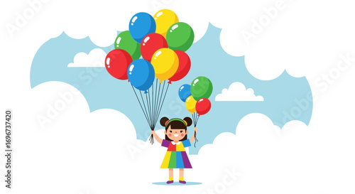 A Cheerful Youngster Holding a Colorful Bunch of Balloons in a Bright Skyscape