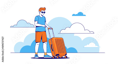 Adventurous Traveler with Luggage Against a Backdrop of Fluffy Clouds and Azure Skies