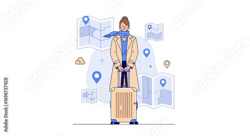 Adventurous Traveler Ready To Explore Navigating Destinations With Luggage and Roadmap