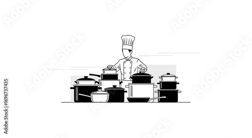 A Chef Amidst The Cookware: A Monochrome Illustration of Culinary Preparation
