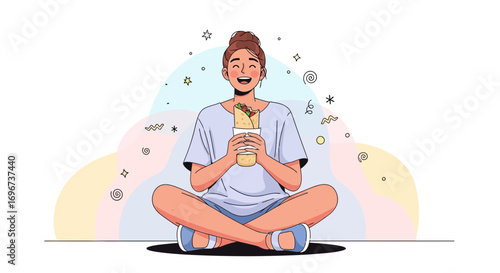 A Cheerful Young Woman Enjoying a Delightful Shawarma Meal in a Meditative State