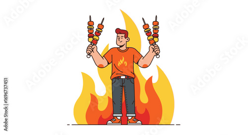 A Chef Charbroiling Skewers Over Flames, A Celebration Of Grilling, A Delicious Feast