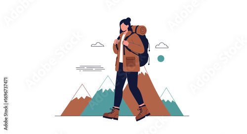 Adventurous Woman With Backpack Hiking In The Mountains While Enjoying Some Fresh Air