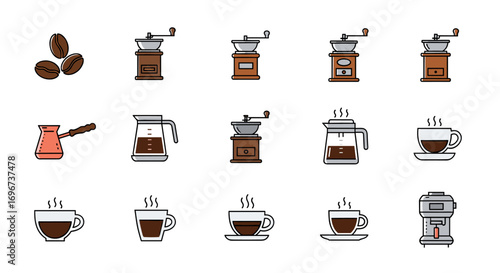 Collection of coffee making tools and hot beverage cups illustrations for cafes and coffee enthusiasts