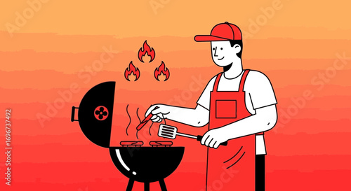 A Chef Grilling With Fire Preparing Delicious Food For A Summer Evening Meal