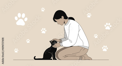 Affectionate Woman and Cat Adoration, a Beautifully Illustrated Expression of Love