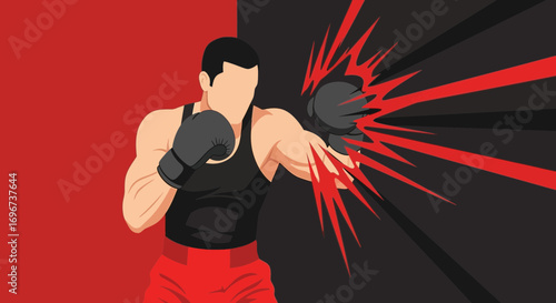 Aggressive Boxer Delivers Powerful Punch with Dynamic Explosive Red Burst Artwork Design