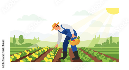 Agriculturist Harvesting Fresh Crops On a Sunny Day, Farming Concept, Vector Illustration