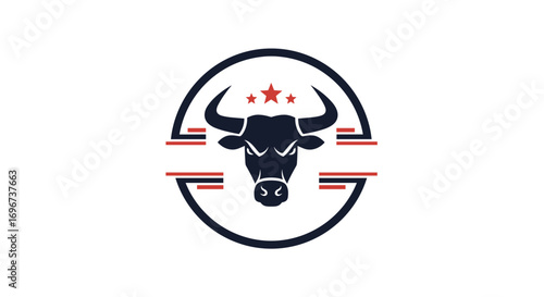 Powerful bull head emblem with sharp horns fierce expression and red stars inside a circle with stripes