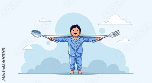 A Child's Imaginative Mealtime with Gigantic Cutlery in a Whimsical Setting