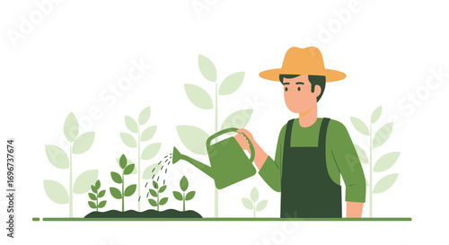 Agriculturist Watering Crops: Sustainable Farming And Cultivating New Life Cycle