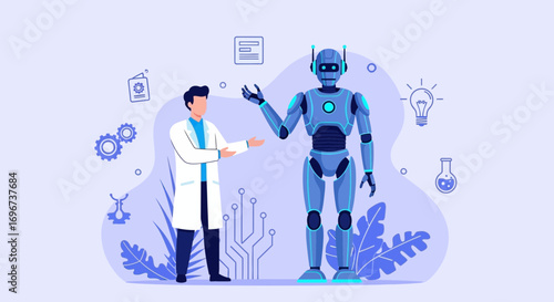 AI Technology Depicted With Scientist and Robot, Futuristic Elements And Innovations